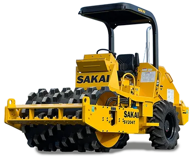 A SAKAI SV204T 5 ton vibratory padfoot soil compactor or dirt roller for residential site work or trench and utility work.