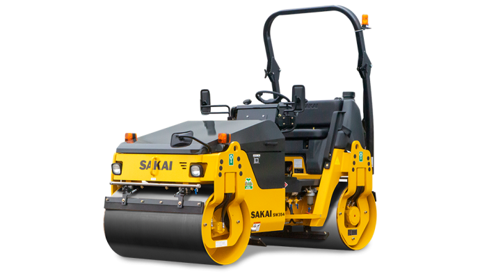 The Sakai SW354 tandem asphalt roller is a 3 ton class paving compactor with 47" double drums and a Kubota T4 final engine.