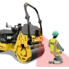 Rear angle view of a SAKAI SW504 double drum vibratory 4.5 ton 51 inch asphalt roller equipped with Guardman automatic emergency braking technology positioned in front of a kneeling paving crew worker who is being detected by the millimeter wave radar sensing beam.