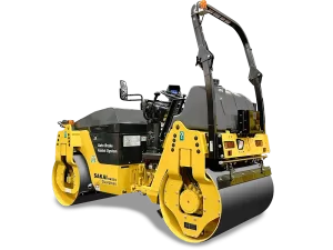Rear angle view of the SAKAI SW504G 51"4.5 ton double drum asphalt roller equipped with the unique Guardman automatic emergency braking technology.