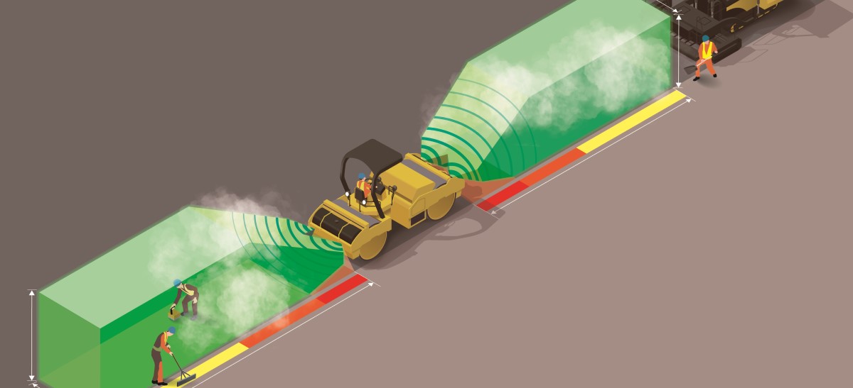 Diagram showing the SW884 asphalt roller with front and rear Guardman detection and automatic braking technology. Detection cones and distances are shown from the front and rear of the machine. with a paver in front.