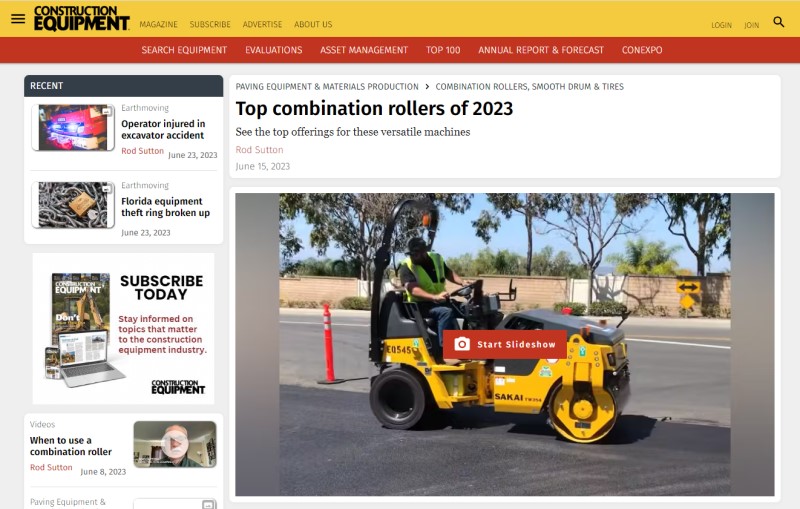 Screenshot of Sakai TW354 combi asphalt roller as featured in Top Combination Rollers of 2023 artcile.