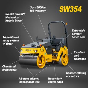 Features and benefits of the SAKAI SW354 47" 3-ton double drum vibratory asphalt roller for use in paving parking lots, driveways, road shoulders, and pavement maintenance.