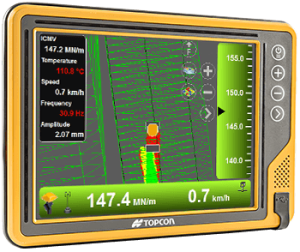 Topcon intelligent compaction or IC display screen for Sakai asphalt rollers and soil compactors.